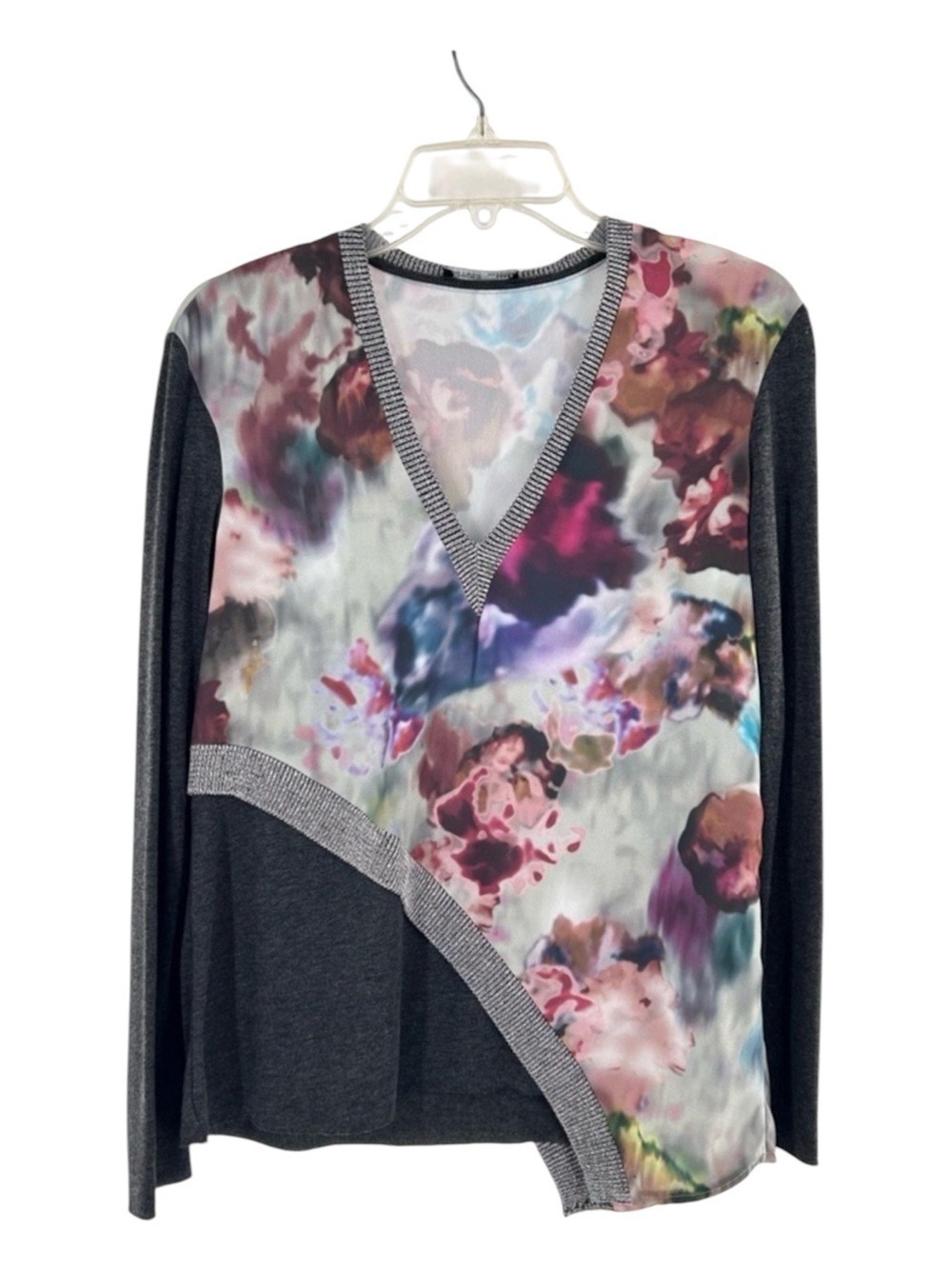 Zara Gray V Neck Floral Overlay Knit Sweater Small